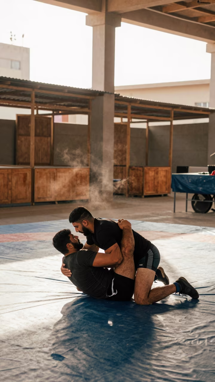 Wrestler Grappling in Shorouk Market Hall in in a market hall in Shorouk