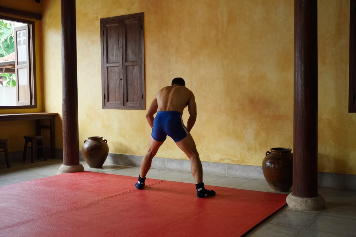 Wrestler Pacing Mat Edge Bagan Cafe in in a cafe in Bagan