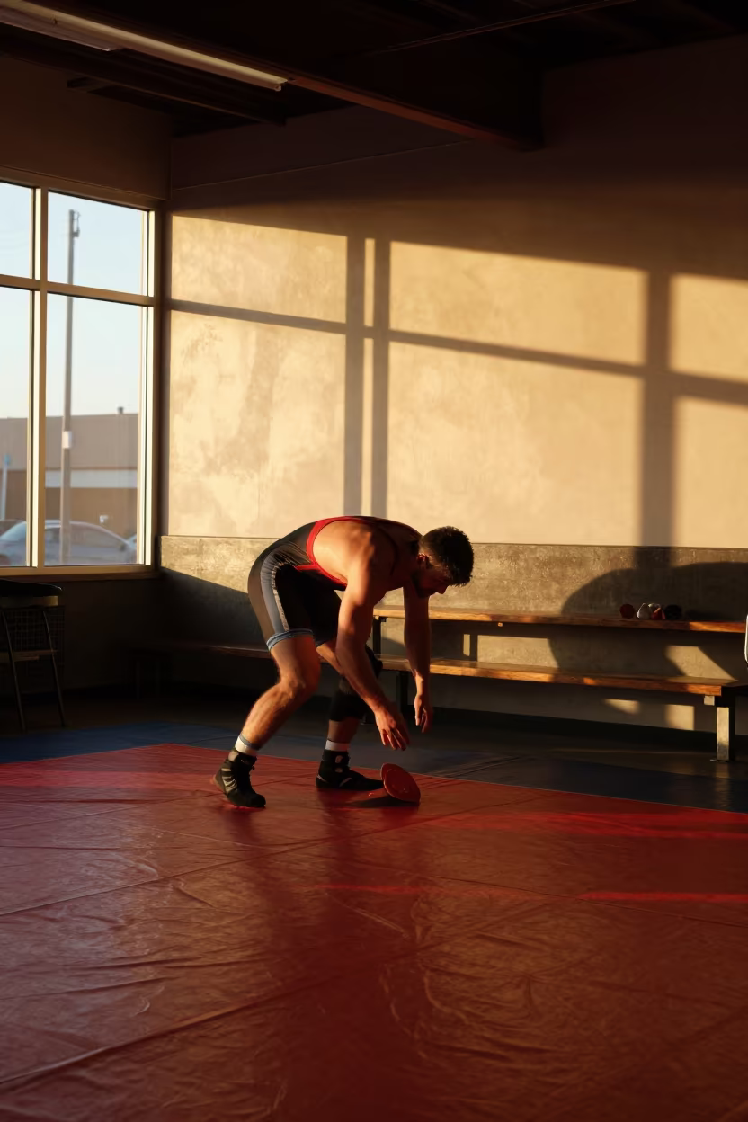 Wrestler Pacing Mat Edge Cafe Window Light in in a cafe in Los Angeles