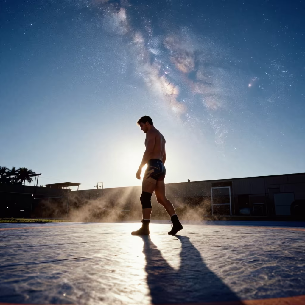 Wrestler Pacing Mat Under Milky Way Sky in in a studio in San Antonio