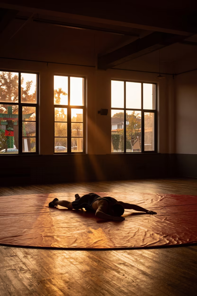 Wrestler Sprawling on Red Mat at Sunset in in a rehearsal room in Suzhou
