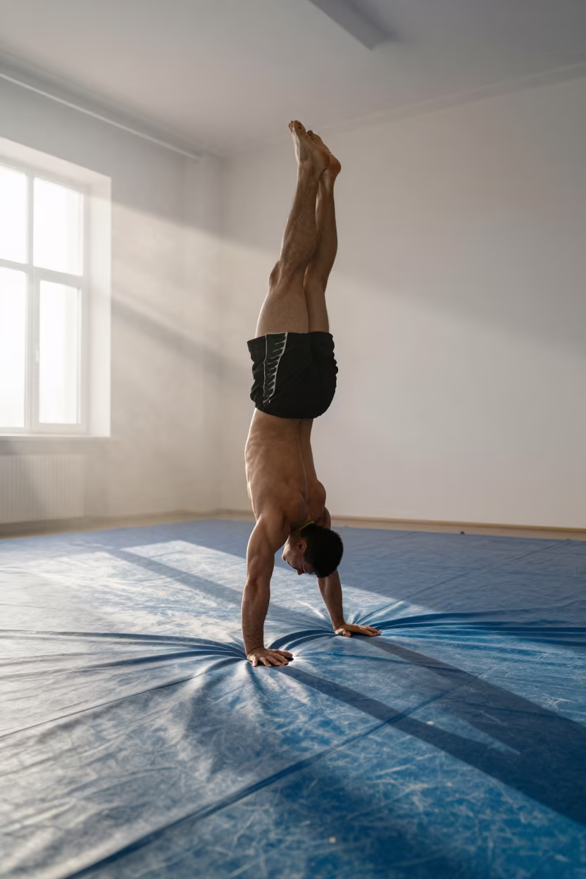 Wrestler Suplex on Blue Mat at Dawn in in a studio in Kokshetau