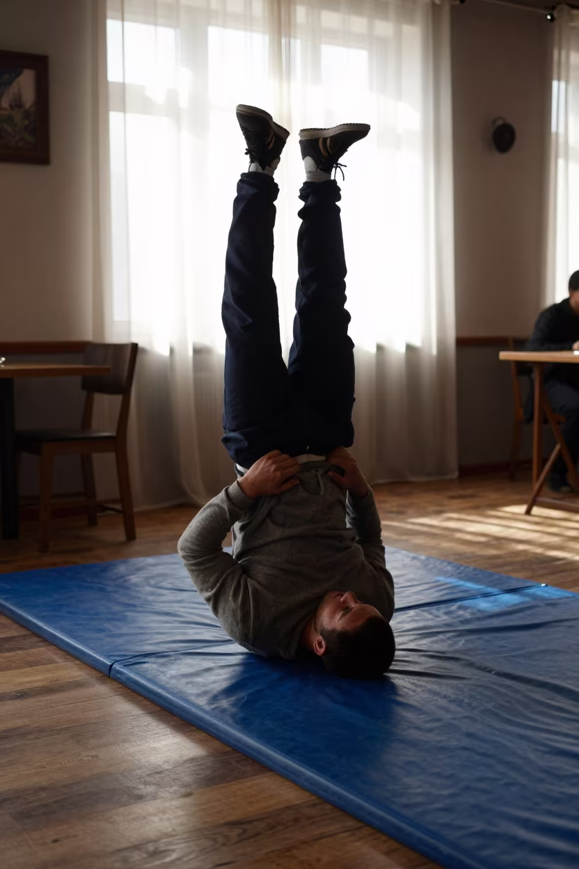 Wrestler Suplex on Cafe Mat in in a cafe in Aktobe