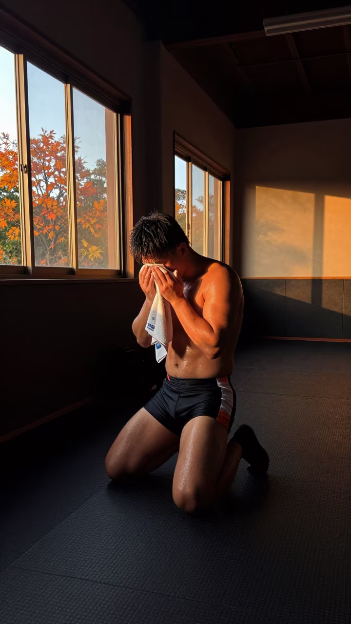Wrestler Wiping Sweat in Okayama Studio in in a studio in Okayama
