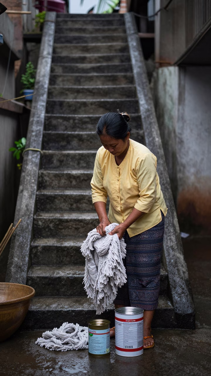 Wringing Mop in Luang Prabang in in Luang Prabang, Laos