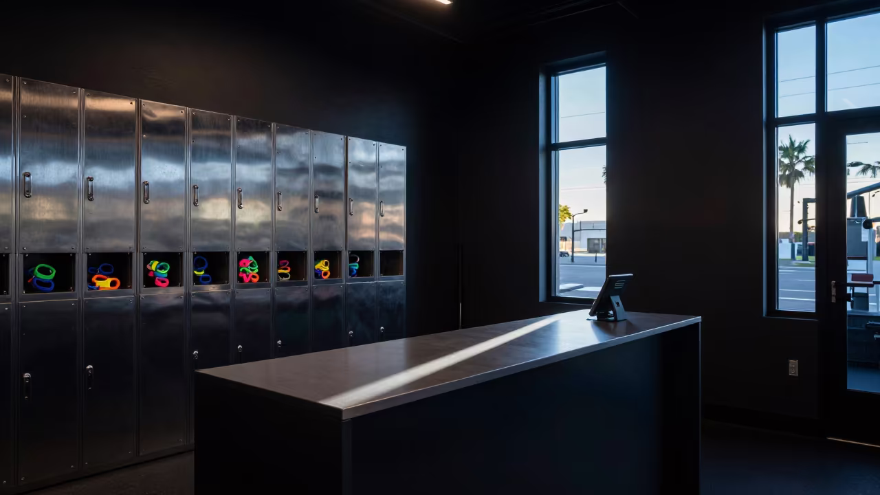 Wristband Locker at Highland Park Gym Night in at a gym check-in desk in Highland Park, Los Angeles