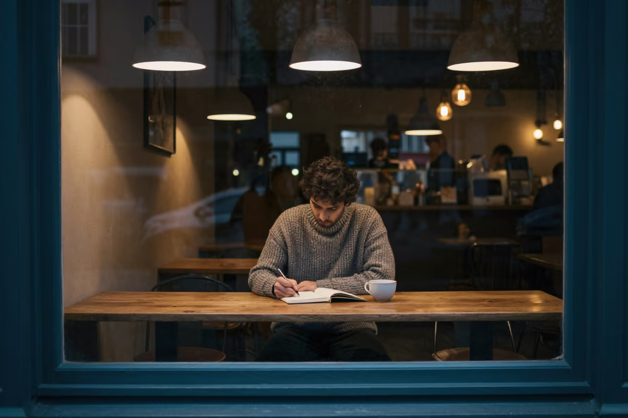 Writer in Cafe Window at Dusk in in a studio in Méagui