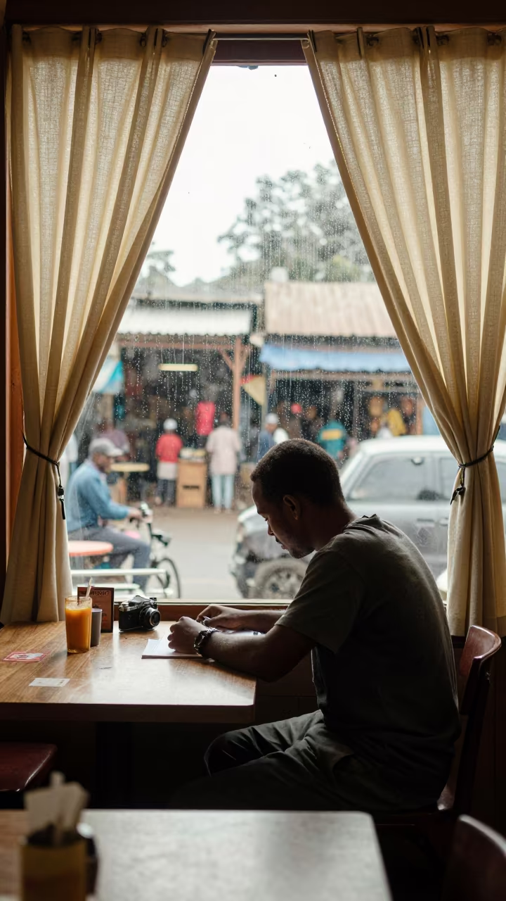 Writer in Nairobi Cafe Window Afternoon Light in in a market hall in Nairobi