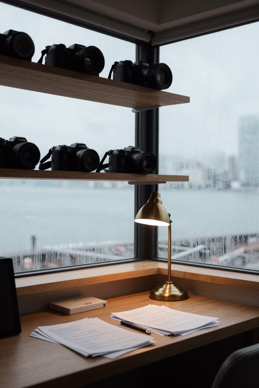 Writing Desk Lamp Papers Workshop Shelf Hong Kong in on a workshop shelf in Causeway Bay, Hong Kong