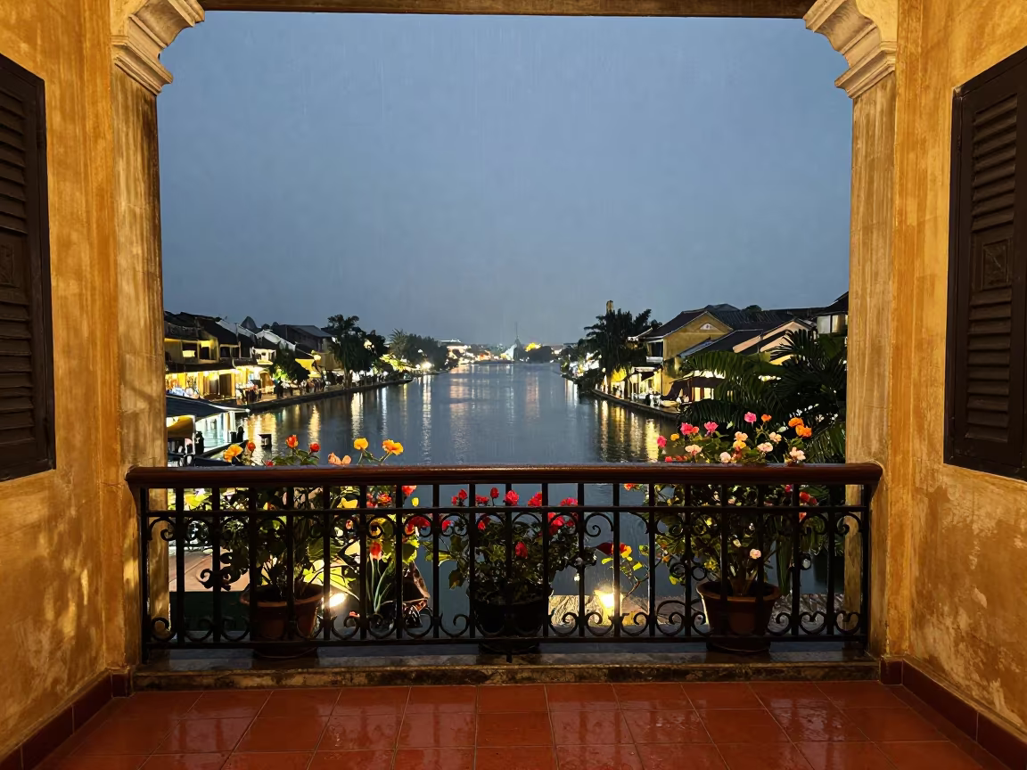 Wrought Iron Balcony Flowers Hoi An Stair Hall in inside a tiled stair hall near Hoi An