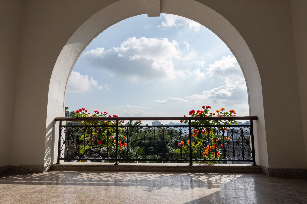 Wrought Iron Balcony Flowers Shenzhen Atrium Light in inside a vaulted atrium in Shenzhen