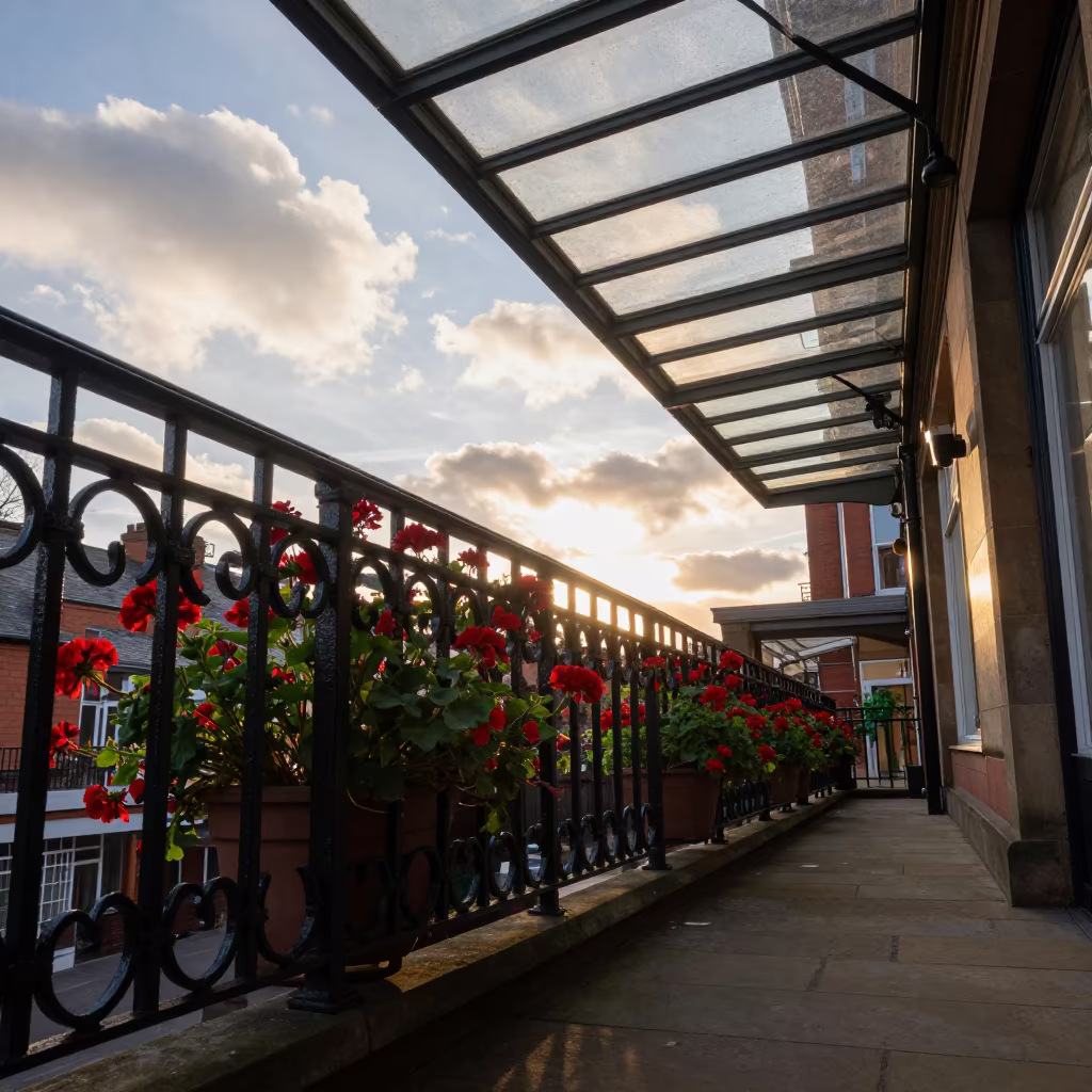 Wrought Iron Balcony Flowers Sunset Arcade in inside a glass-roofed arcade near Wolverhampton
