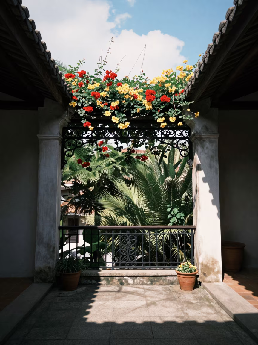 Wrought Iron Balcony Flowers in Wenzhou Skylight in inside a skylit passageway in Wenzhou