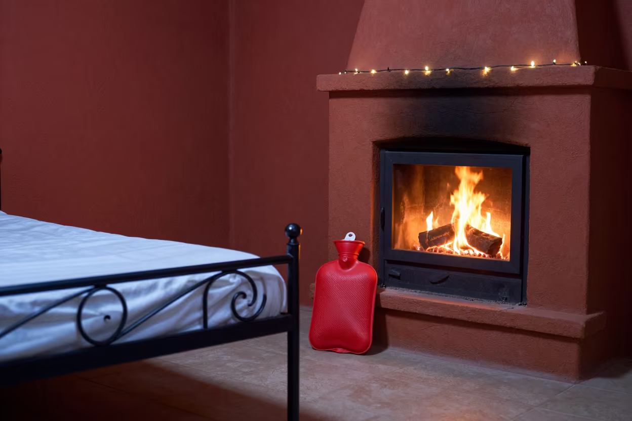 Wrought Iron Bed Foot Warming by Fireplace at Twilight in by a crackling fireplace near Maroua