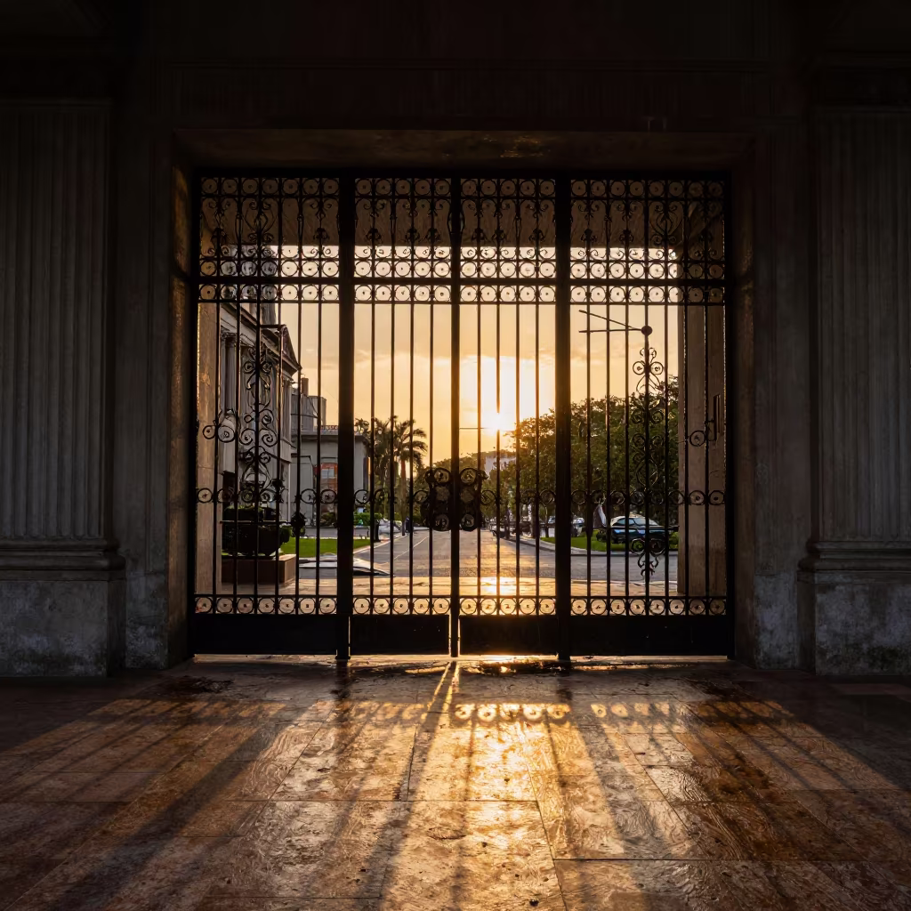 Wrought Iron Gate Shadows on Sunlit Flagstones in inside a ribbed concrete lobby in Buenos Aires