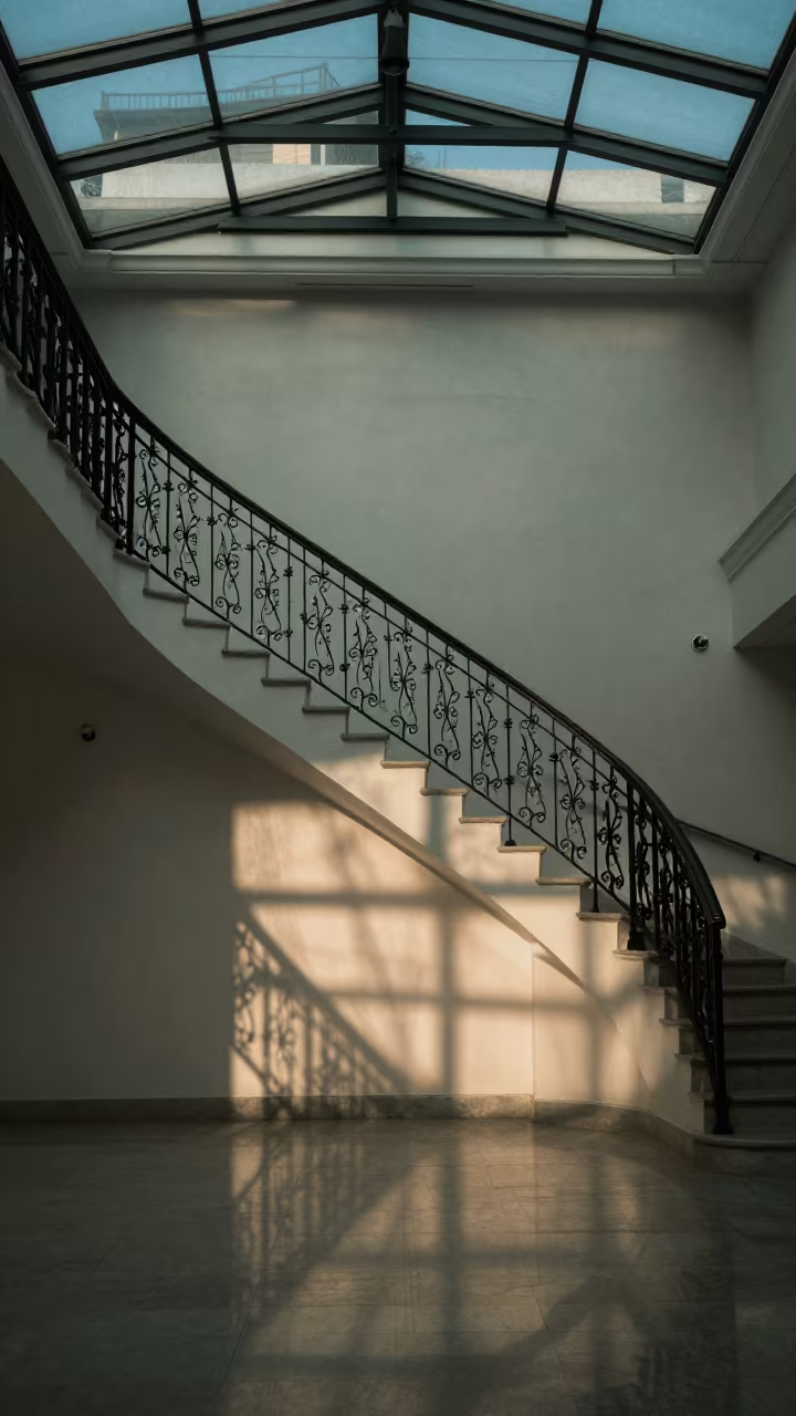 Wrought Iron Railing Shadows on Cebu Staircase Wall in inside a glass-roofed arcade in Cebu