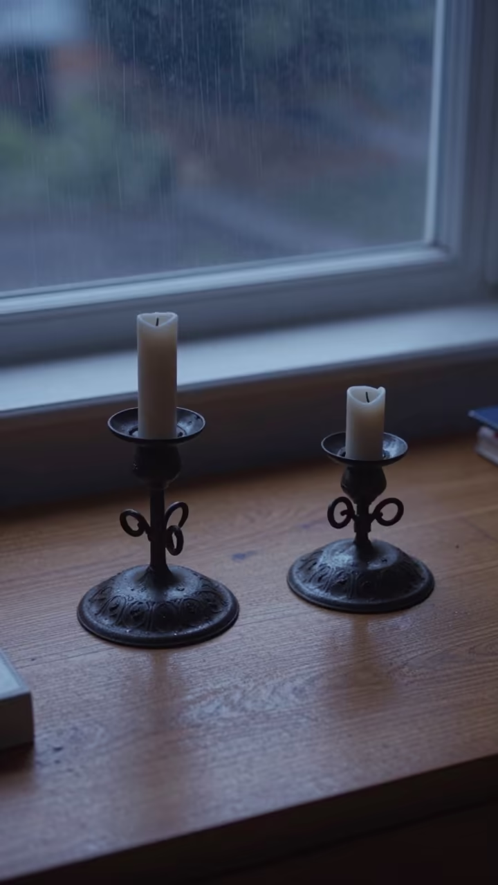 Wrought Iron Sconces on Desk in Twilight in on a writing desk near Salem