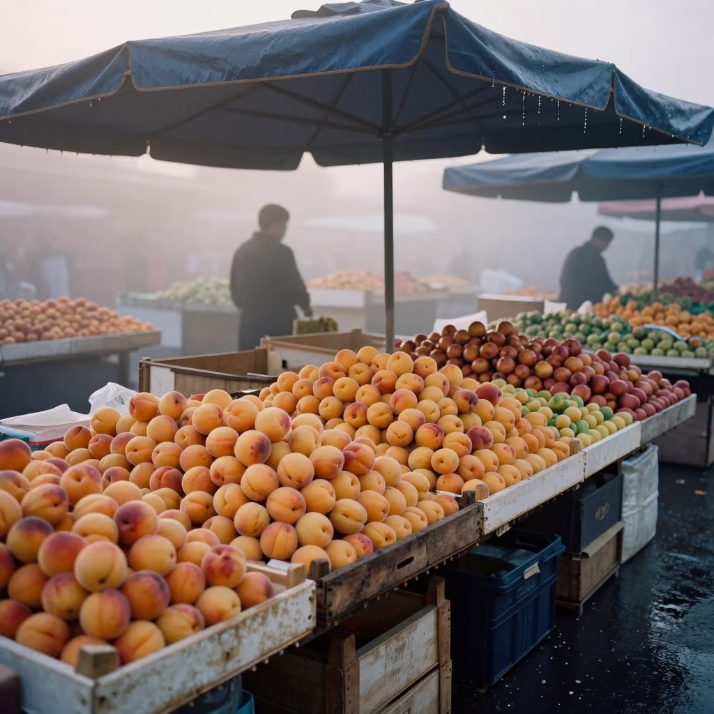 Wuhan Apricot Stall at Misty Autumn Dawn in under a market canopy in Wuhan