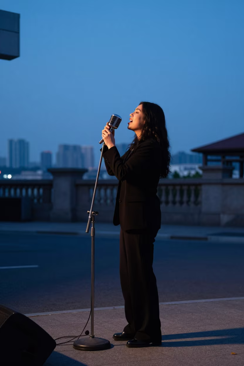 Wuhan Busker Singing at Twilight Corner in at a street corner busking spot in Wuhan