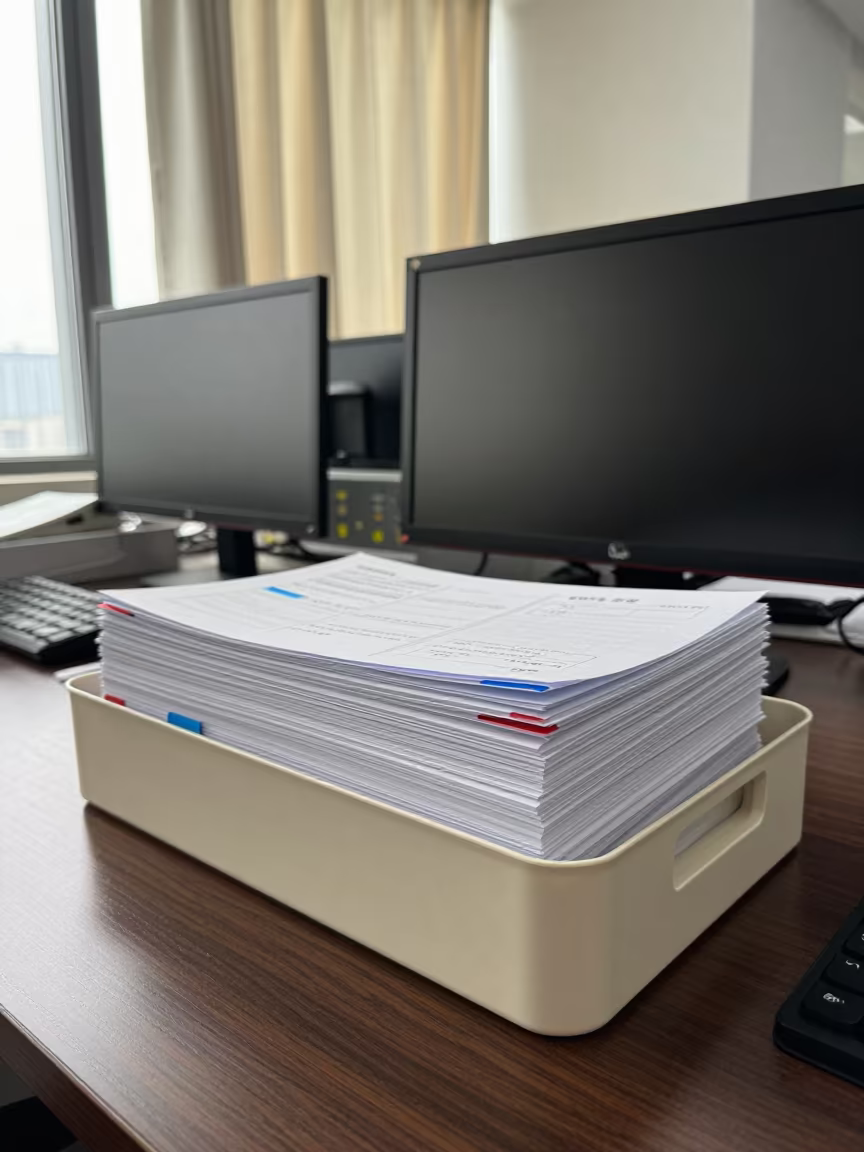Wuhan Desk Booking File Tray Late Afternoon in on a writing desk in Wuhan