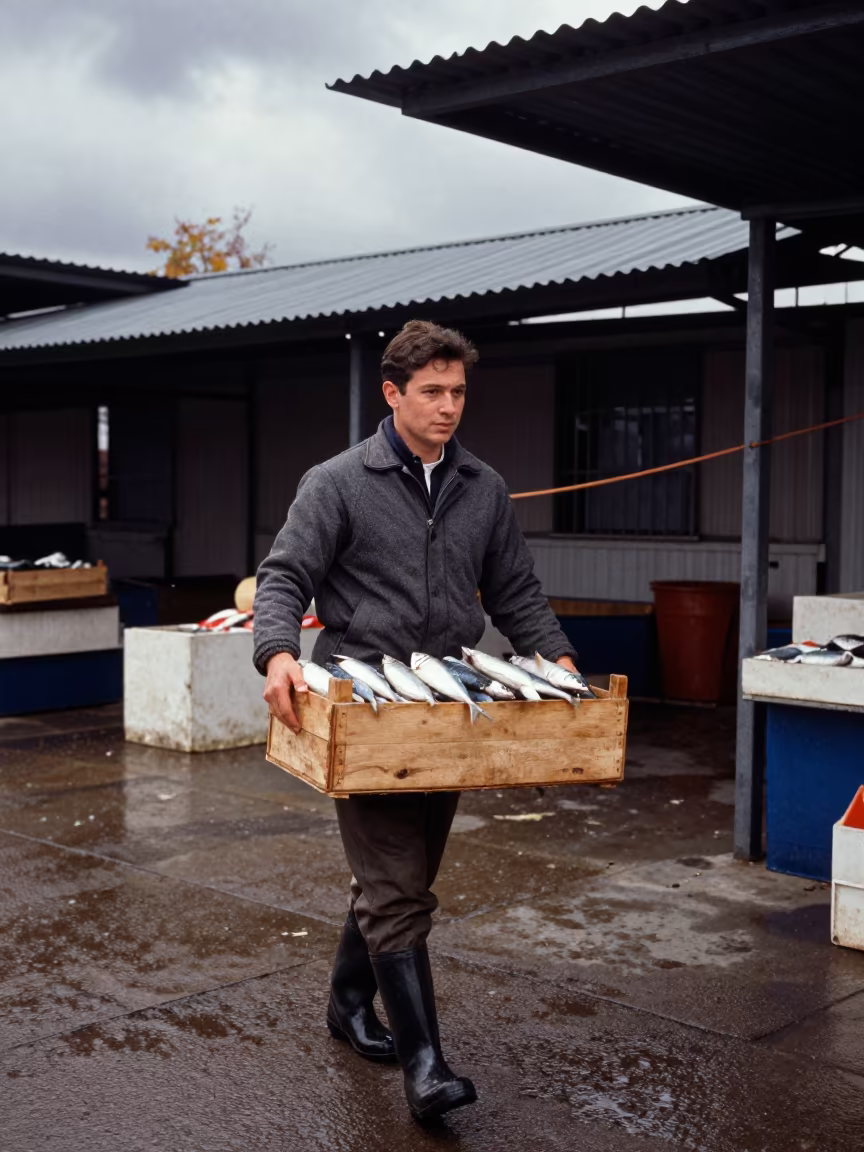 Wuhan Fish Porter Carrying Mackerel Crate in under a market canopy in Wuhan
