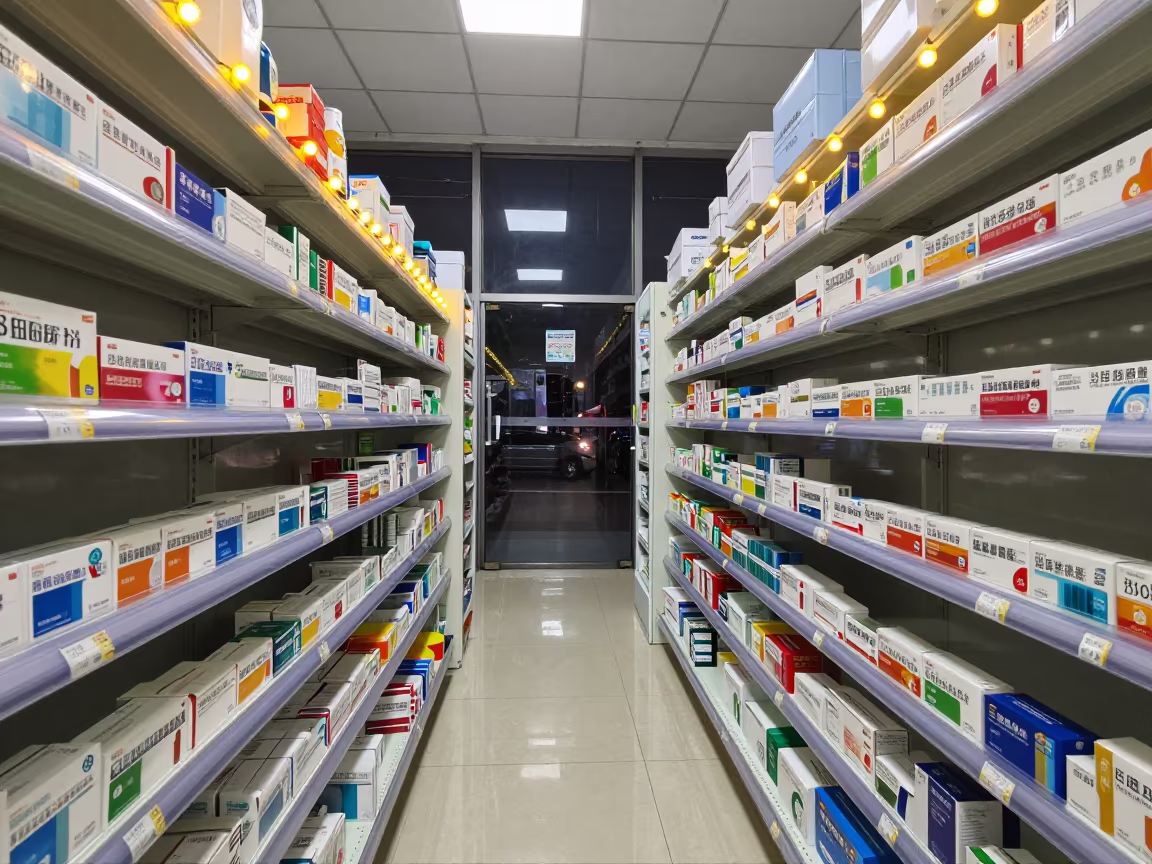 Wuhan Pharmacy Aisle Midnight String Lights in inside a bright retail aisle in Wuhan