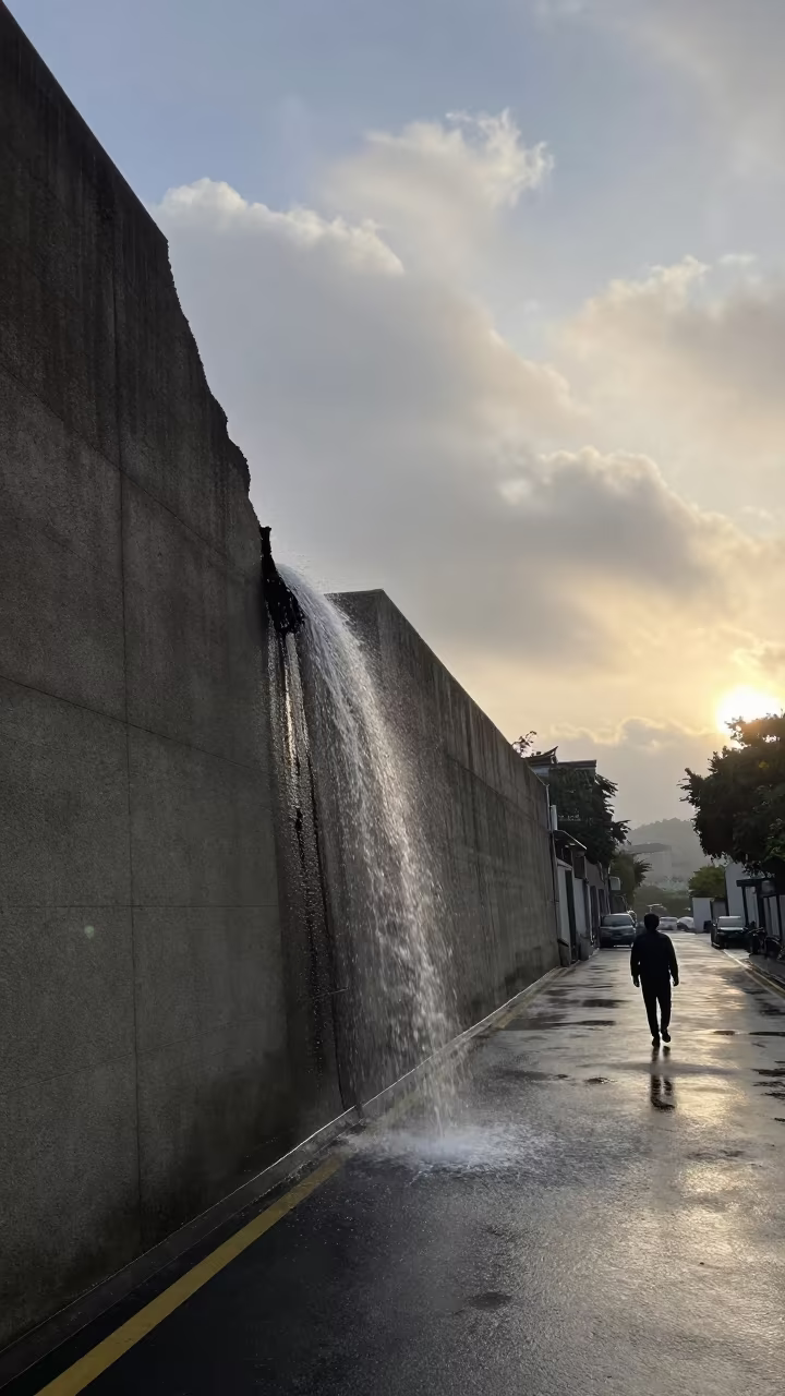 Xiamen Morning Drizzle Surreal Wall Waterfall in beneath fast-moving cloud bands near Xiamen