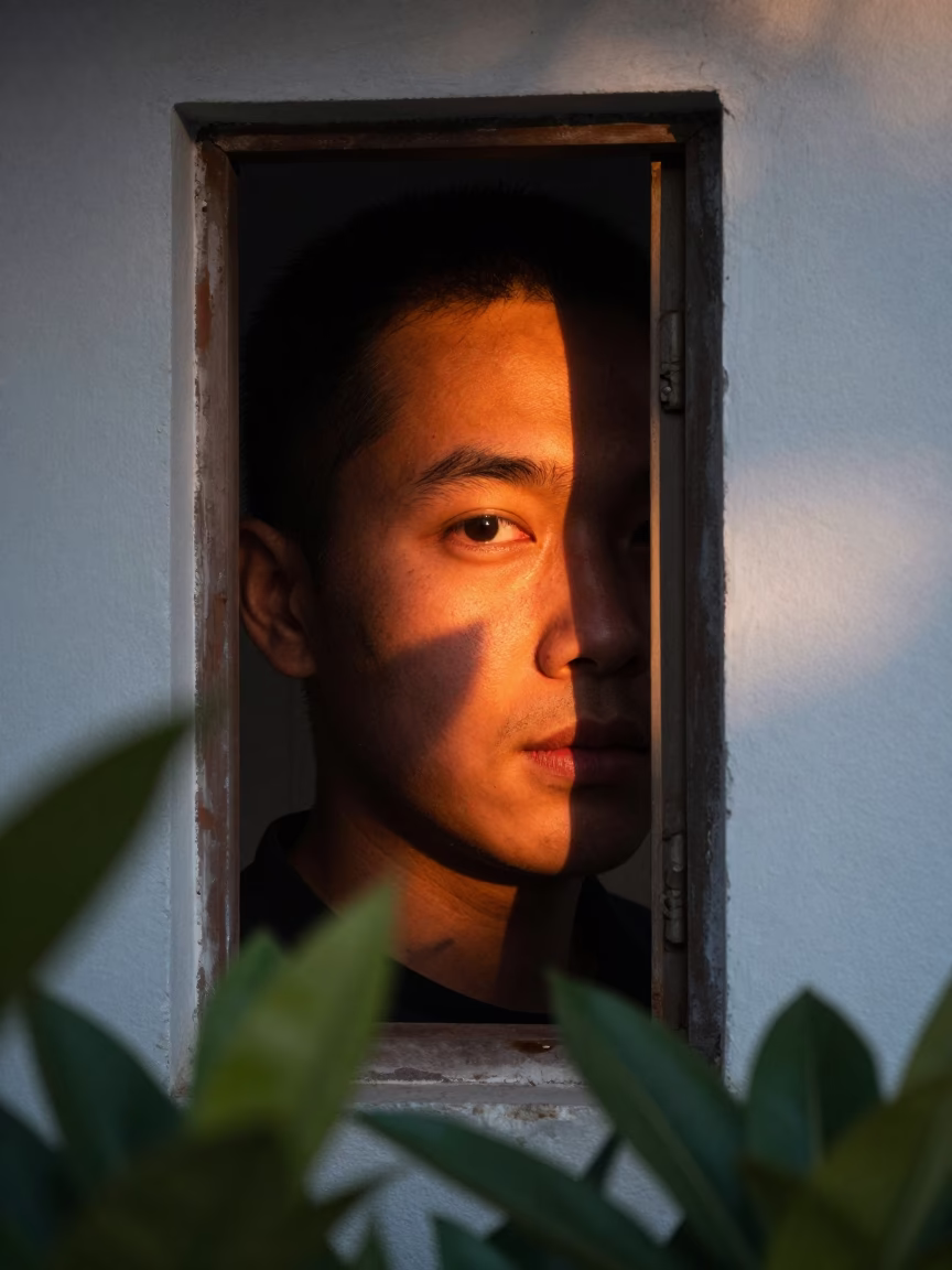 Xiamen Portrait Sunset Face Half-Lit in at a public square in Xiamen
