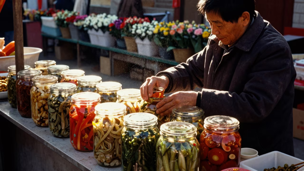Xian Market Vendor Arranging Pickled Vegetables in at a flower auction bench in Xian