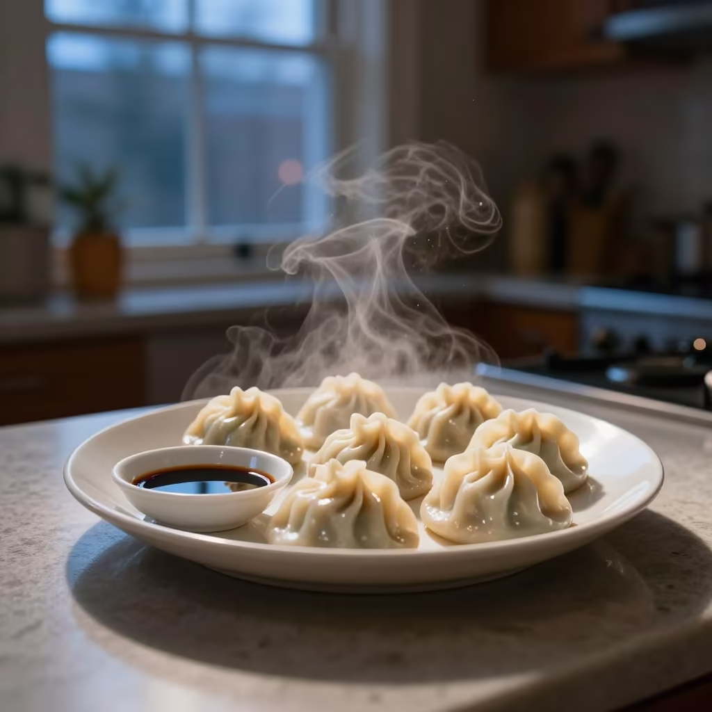 Steamy Xiaolongbao with Vinegar Dip on St Louis Counter in on a kitchen worktop in St Louis