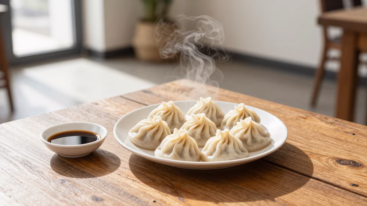 Steaming Xiaolongbao with Vinegar on Rustic Table in on a rustic wooden table in Belgrade