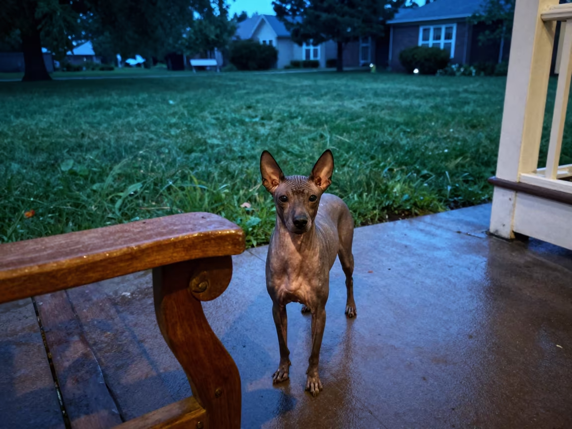 Xoloitzcuintli in Memphis Twilight Park in in a small yard with clipped grass, calm light, and the animal centered in frame in Memphis