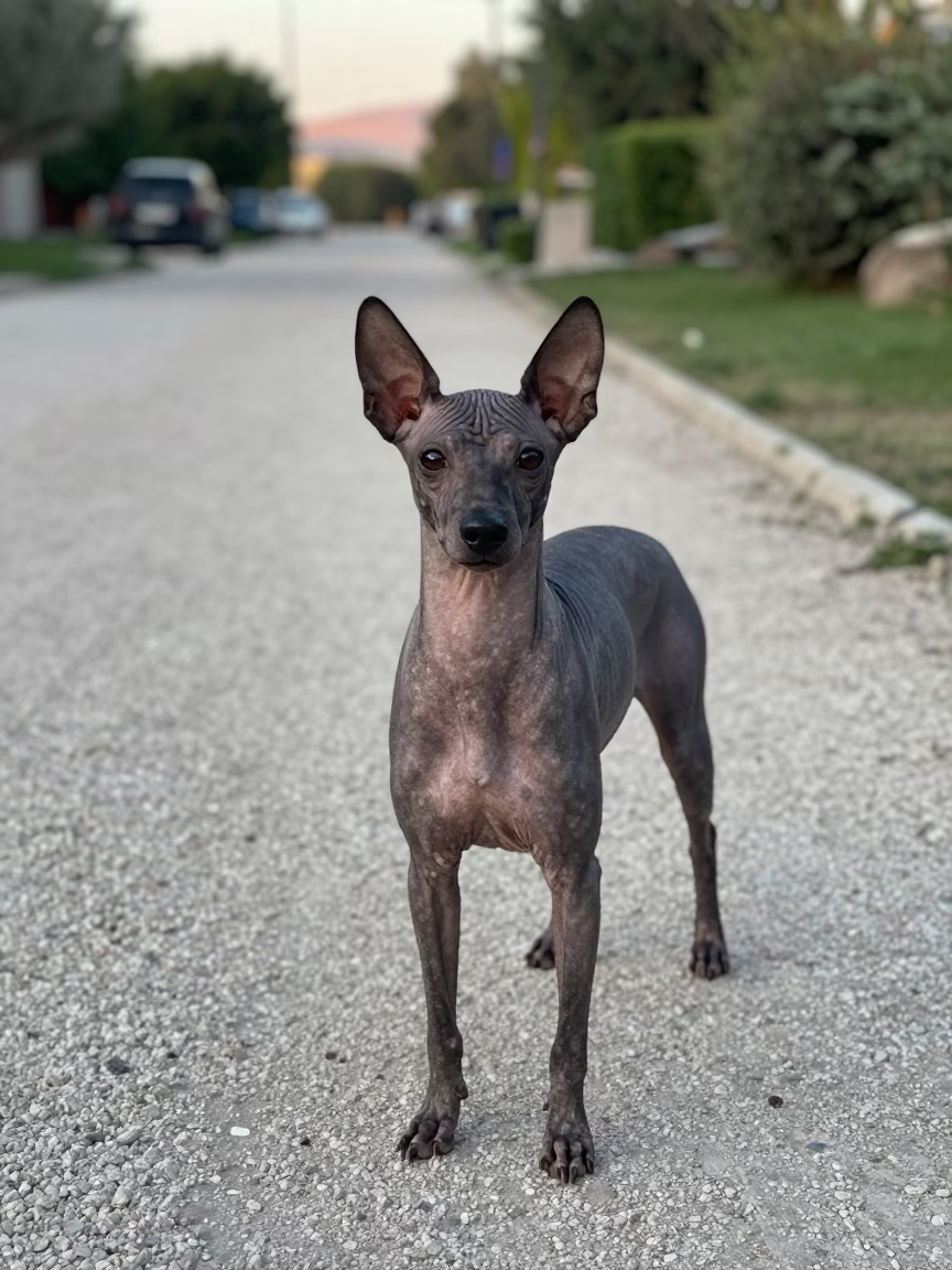 Xoloitzcuintli on Garden Path in Kayseri Morning in near a garden edge with soft morning light and an uncluttered background near Kayseri