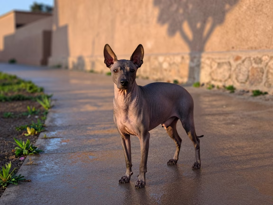 Xoloitzcuintli on Mellah Park Path at Dawn in along a quiet park path with soft open shade and a clean background in Mellah, Essaouira