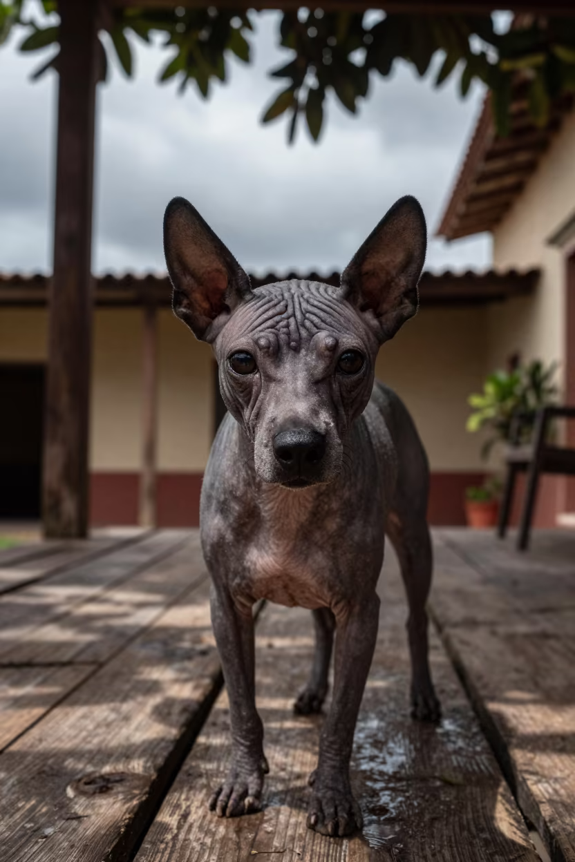 Xoloitzcuintli on Shaded Oaxaca Porch in Rainy Season in on a shaded front porch with boards, railings, and eye-level framing near Oaxaca