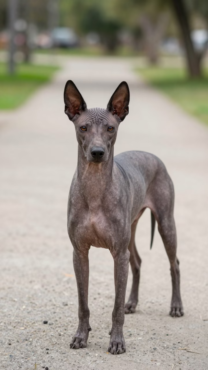 Xoloitzcuintli Portrait Along Oaxaca Park Path in along a quiet park path with soft open shade and a clean background in Oaxaca
