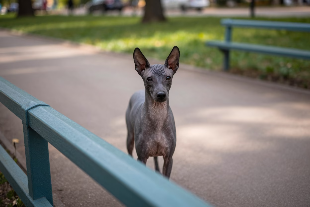 Xoloitzcuintli Portrait Along Quiet Park Path in along a quiet park path with soft open shade and a clean background in St Petersburg
