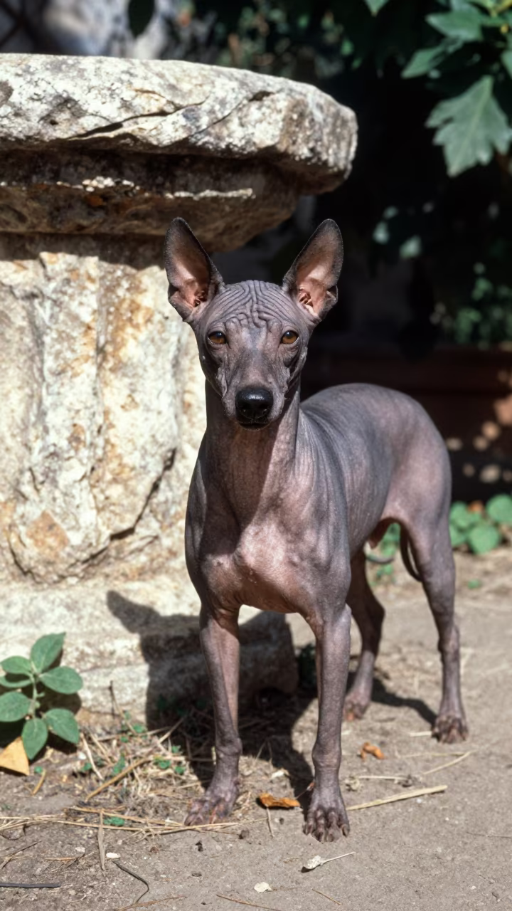 Xoloitzcuintli Portrait at Garden Edge in Makhachkala in near a garden edge with soft morning light and an uncluttered background in Makhachkala