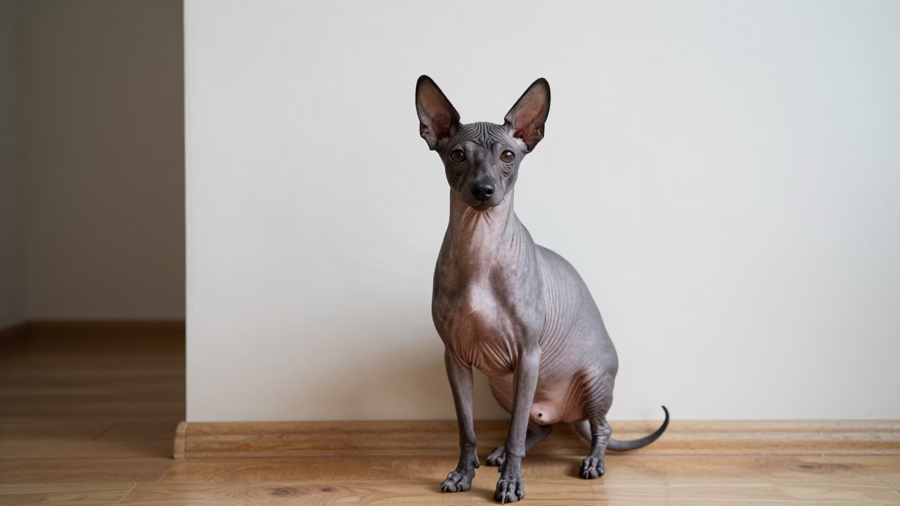Xoloitzcuintli Portrait by Kazan Plaster Wall in beside a plain plaster wall in soft indoor light with the animal centered in frame near Kazan