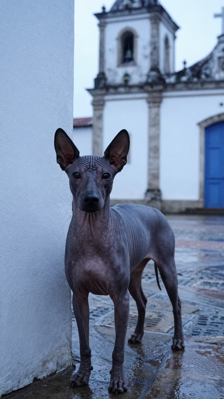 Xoloitzcuintli Portrait in Belem Dawn Light in beside a plain courtyard wall in clear daylight with the animal at eye level in Belem