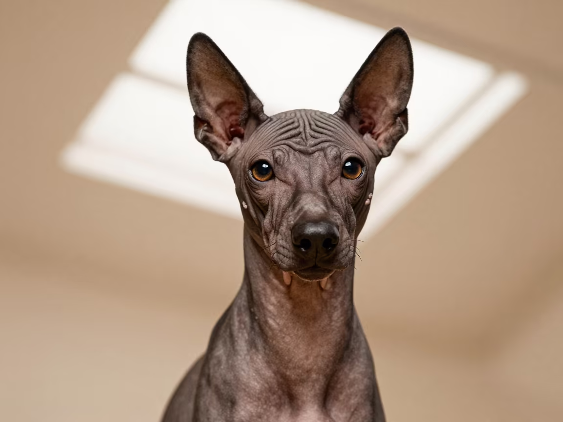 Xoloitzcuintli Portrait in Leeds Studio Light in in a quiet portrait studio with a plain backdrop and eye-level framing in Leeds