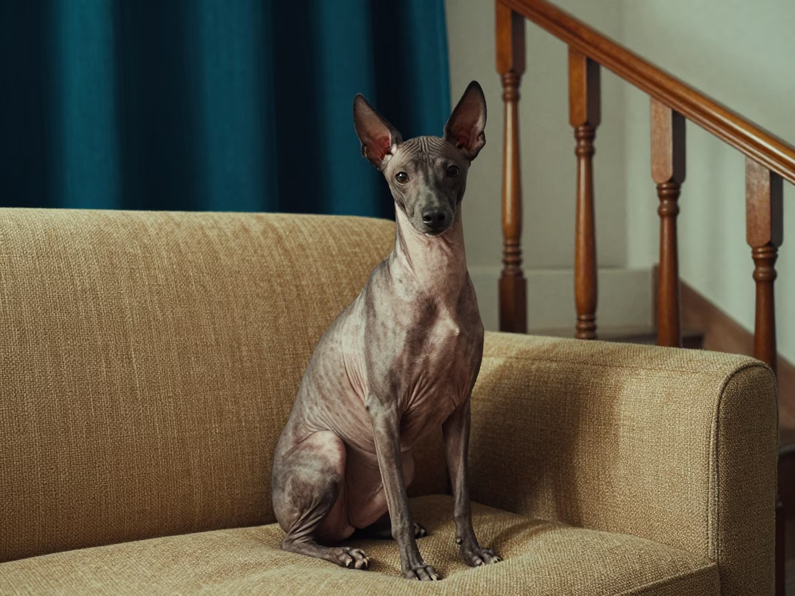 Xoloitzcuintli Portrait on Sofa Near Curtained Window in on a sofa near a curtained window with calm indoor light in Ghorahi