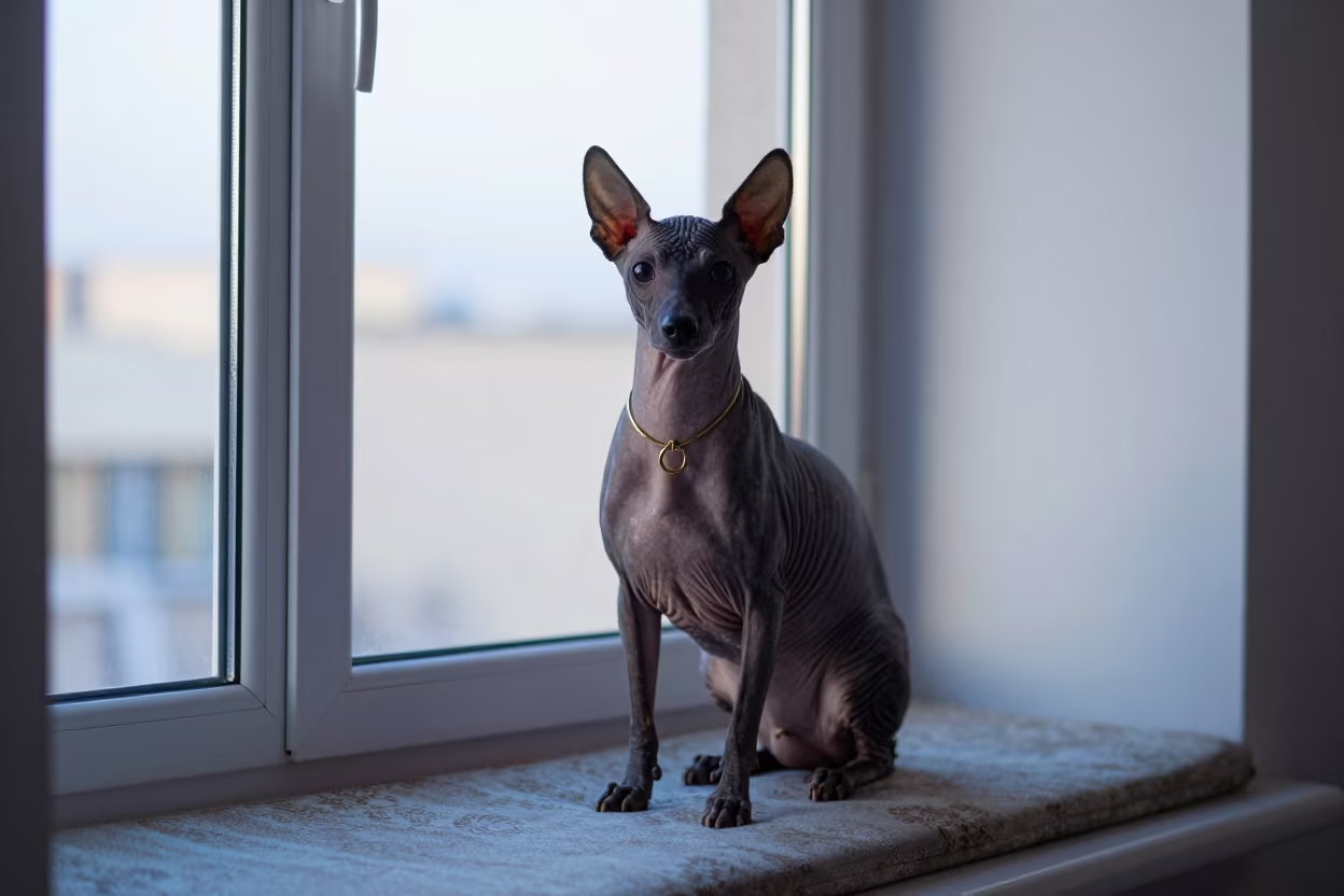 Xoloitzcuintli Portrait on Window Seat in Mashhad in on a cushioned window seat with soft side light and an uncluttered background in Mashhad