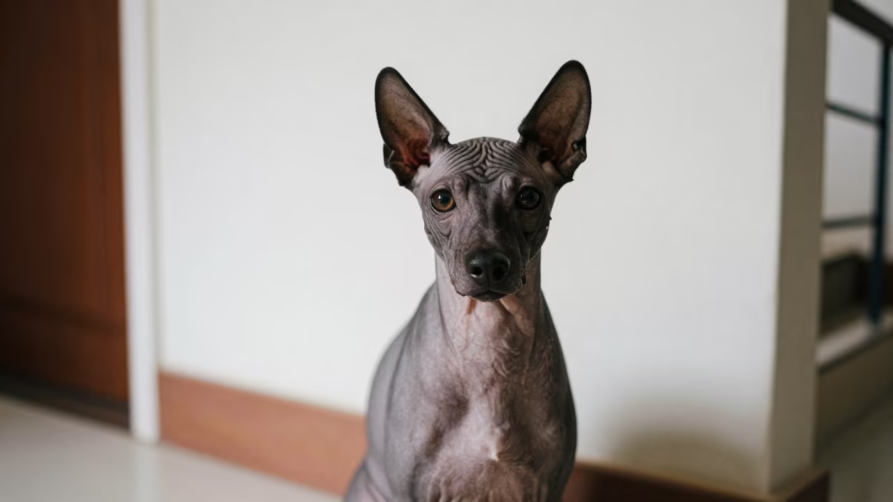 Xoloitzcuintli Portrait Soft Light Mumbai Wall in beside a plain plaster wall in soft indoor light with the animal centered in frame in Mumbai