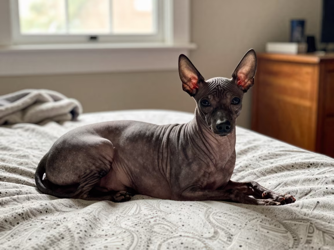 Xoloitzcuintli Resting on Bedspread Near Window in on a bedspread near a bright window with calm indoor light in San Jose