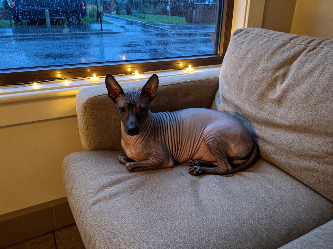 Xoloitzcuintli Resting on Linen Sofa in Salem Evening in on a linen sofa with daylight from a nearby window in Salem
