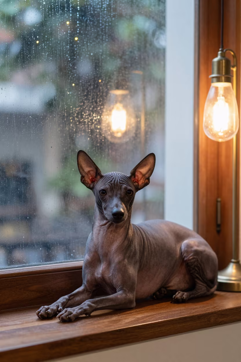 Xoloitzcuintli Resting on Window Seat in Ho Chi Minh City in on a window seat in a quiet apartment with soft side light in Ho