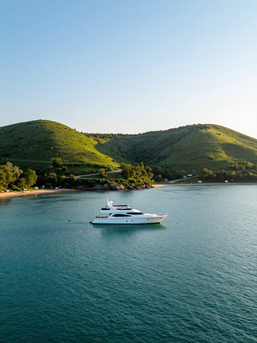 Yacht Anchored in Michigan Turquoise Bay in along a switchback approach in Michigan