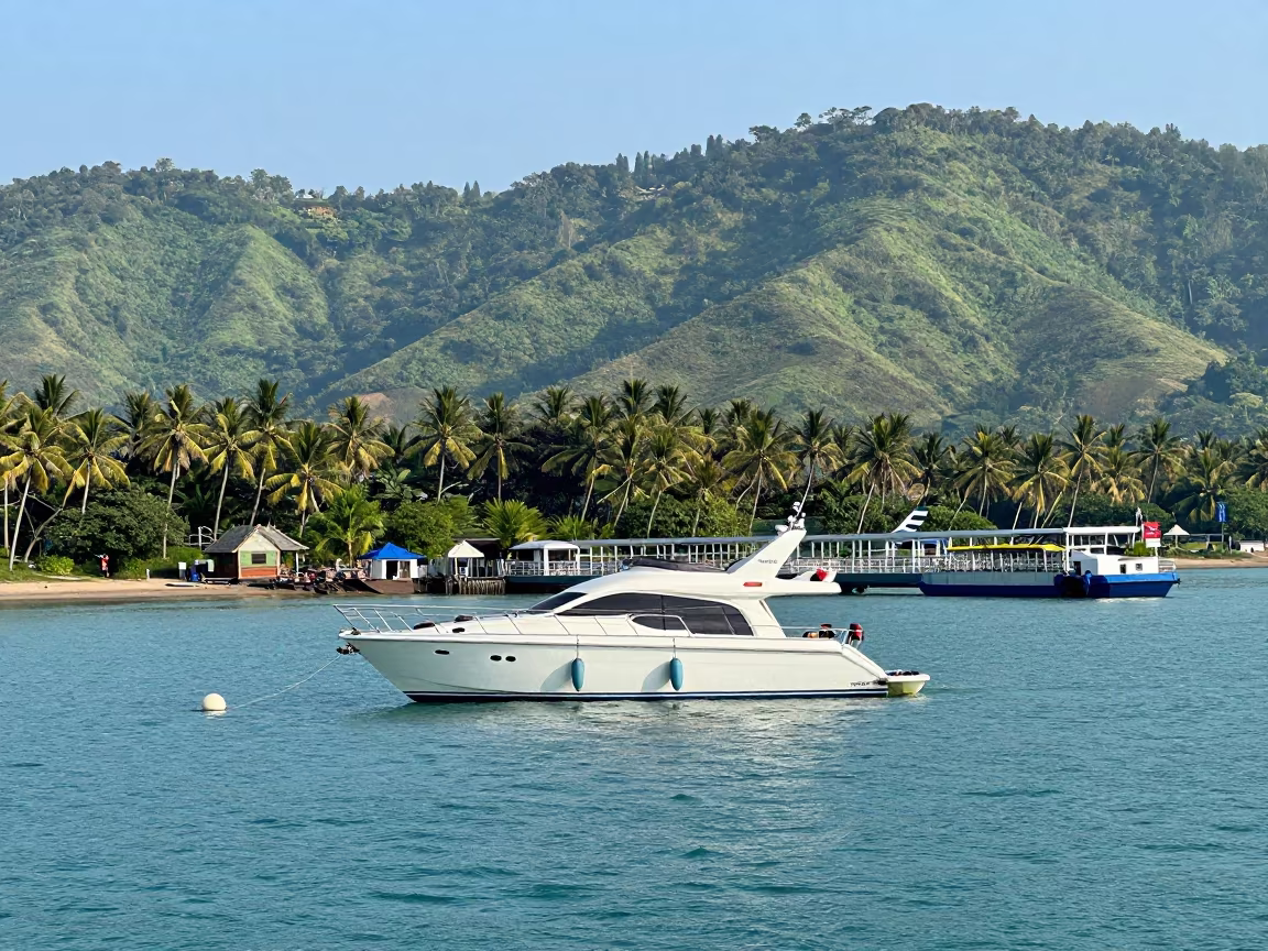Yacht Anchored in Turquoise Bay Near Kochi Ferry Crossing in across a remote ferry crossing near Kochi
