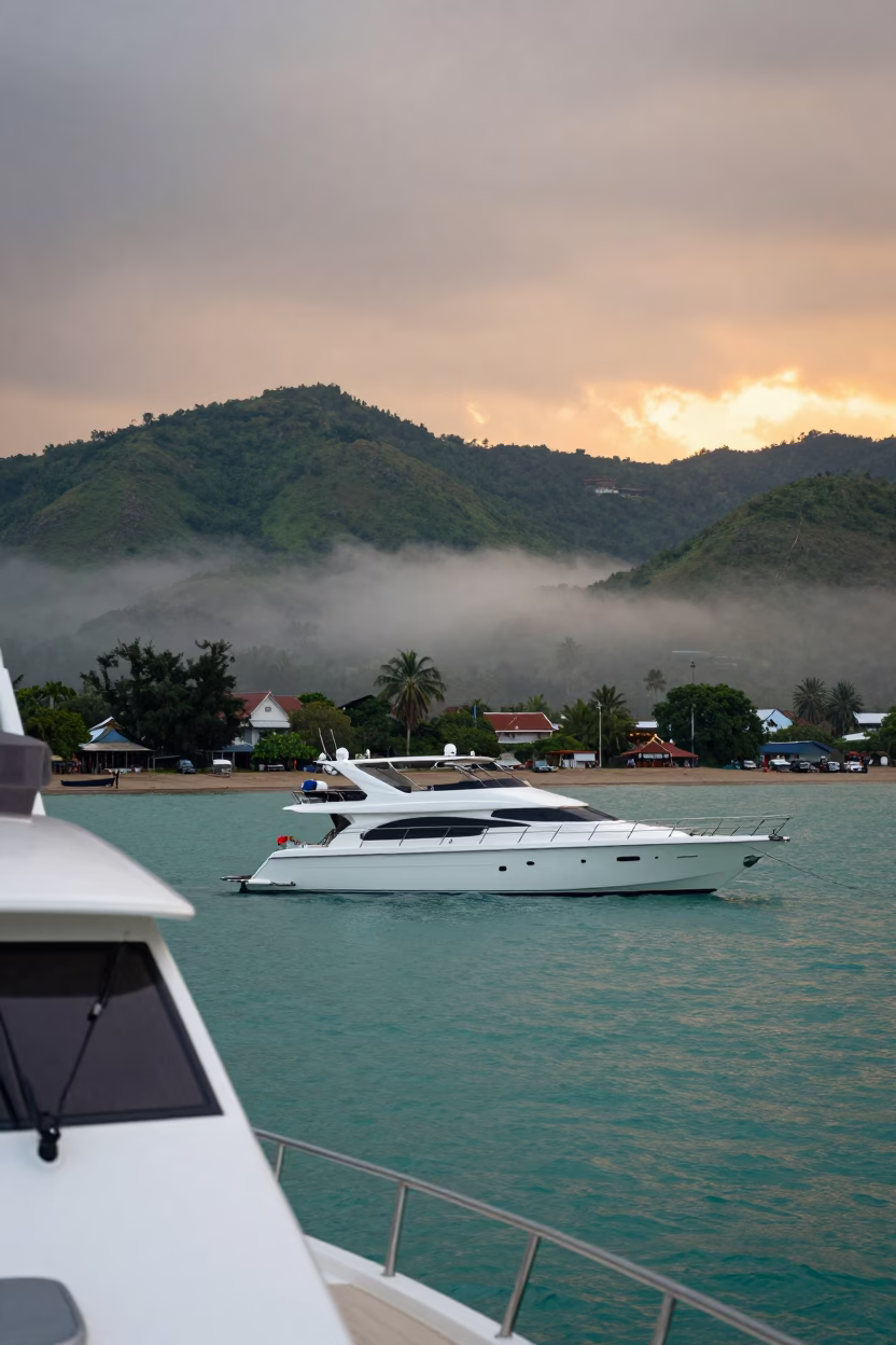 Yacht Anchored in Turquoise Bay at Sunset in beside a fogbound harbor mouth near Vientiane